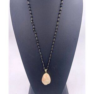 Real Stone Druzy Pendant Beaded Station Chain Necklace Gold Tone 30 Inches